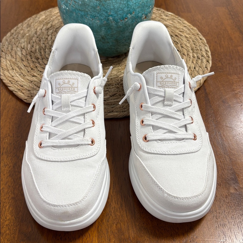 Skechers White Canvas Slip-Ins Wide Fit Women's Sneaker with Rose Gold Eyelets